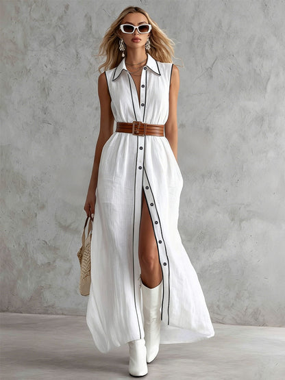Collared Color-blocked Sleeveless Cotton-linen Maxi Dress
