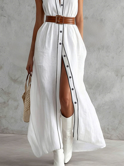 Collared Color-blocked Sleeveless Cotton-linen Maxi Dress