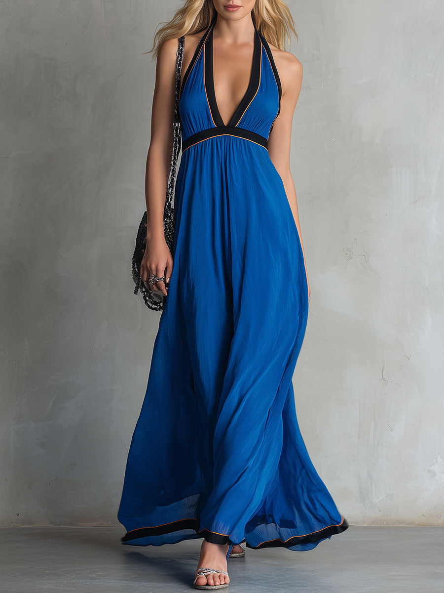 Elegant Retro Color-blocked Blue Sleeveless V-neck Chiffon Maxi Dress