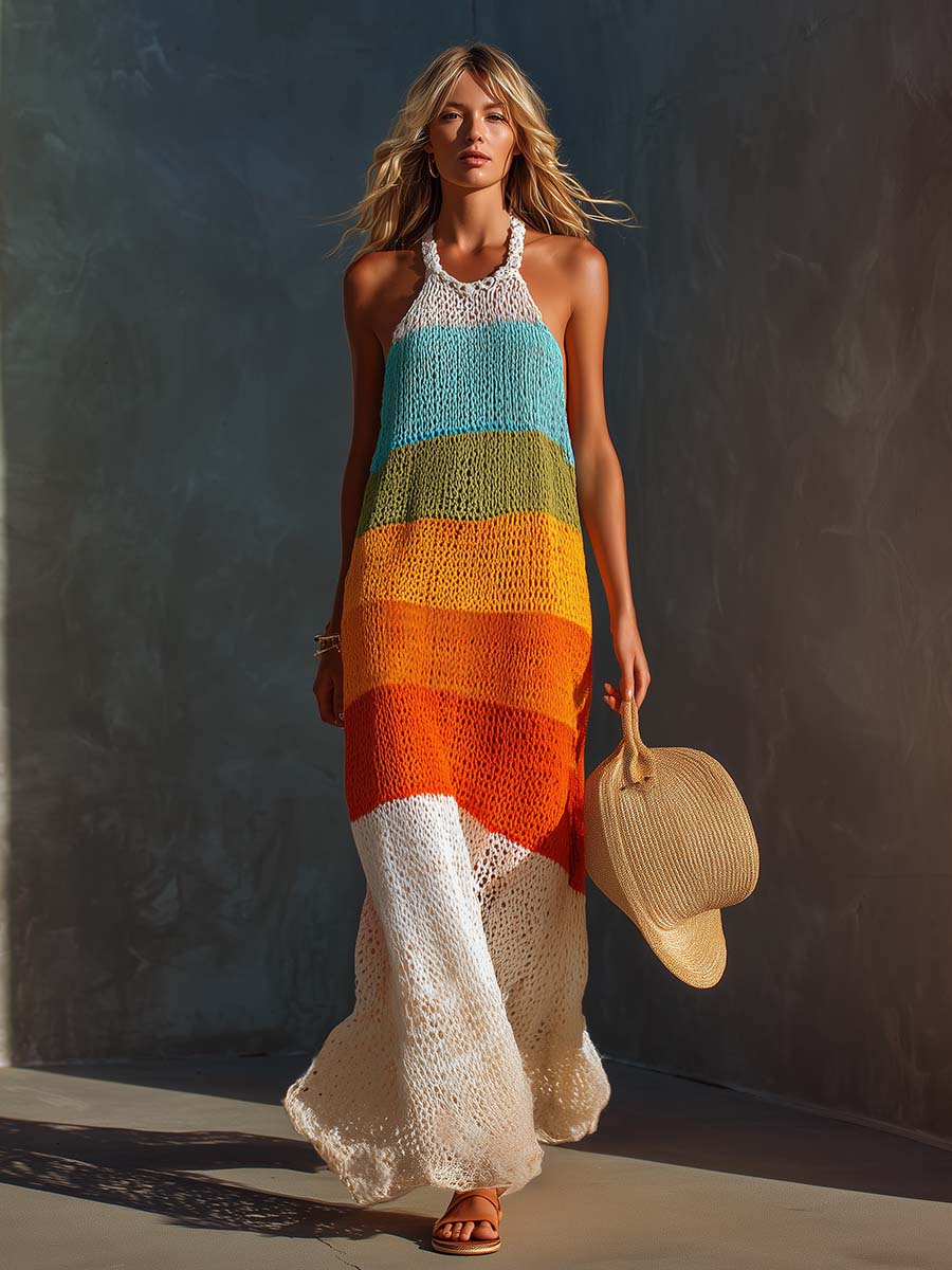 knit vacation dress Mila Spaghetti Strap Striped Knit Maxi Dress - Pastel - S - Fashion