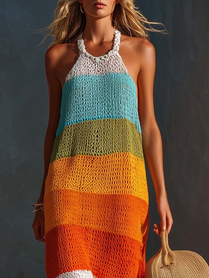 Breathable Vacation Halter-Neck Lightweight Striped Knit Maxi Dress