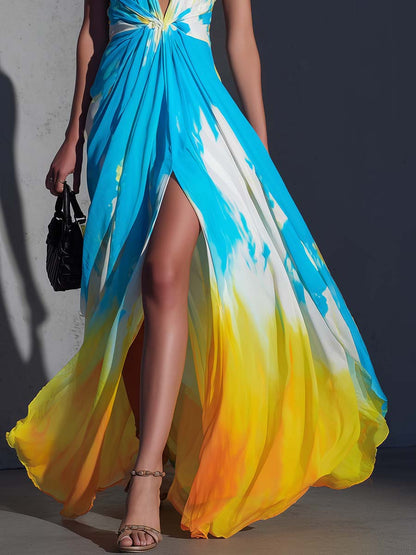Vacation Flowy V-Neck Contrast Abstract Print Chiffon Slit Maxi Dress