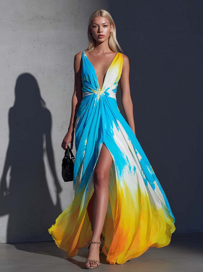 Vacation Flowy V-Neck Contrast Abstract Print Chiffon Slit Maxi Dress