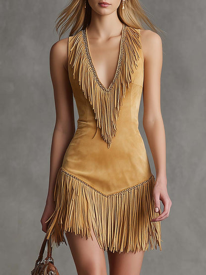 Urban Nomad V-Neck Fringed Beaded And Chained Faux Suede Mini Dress