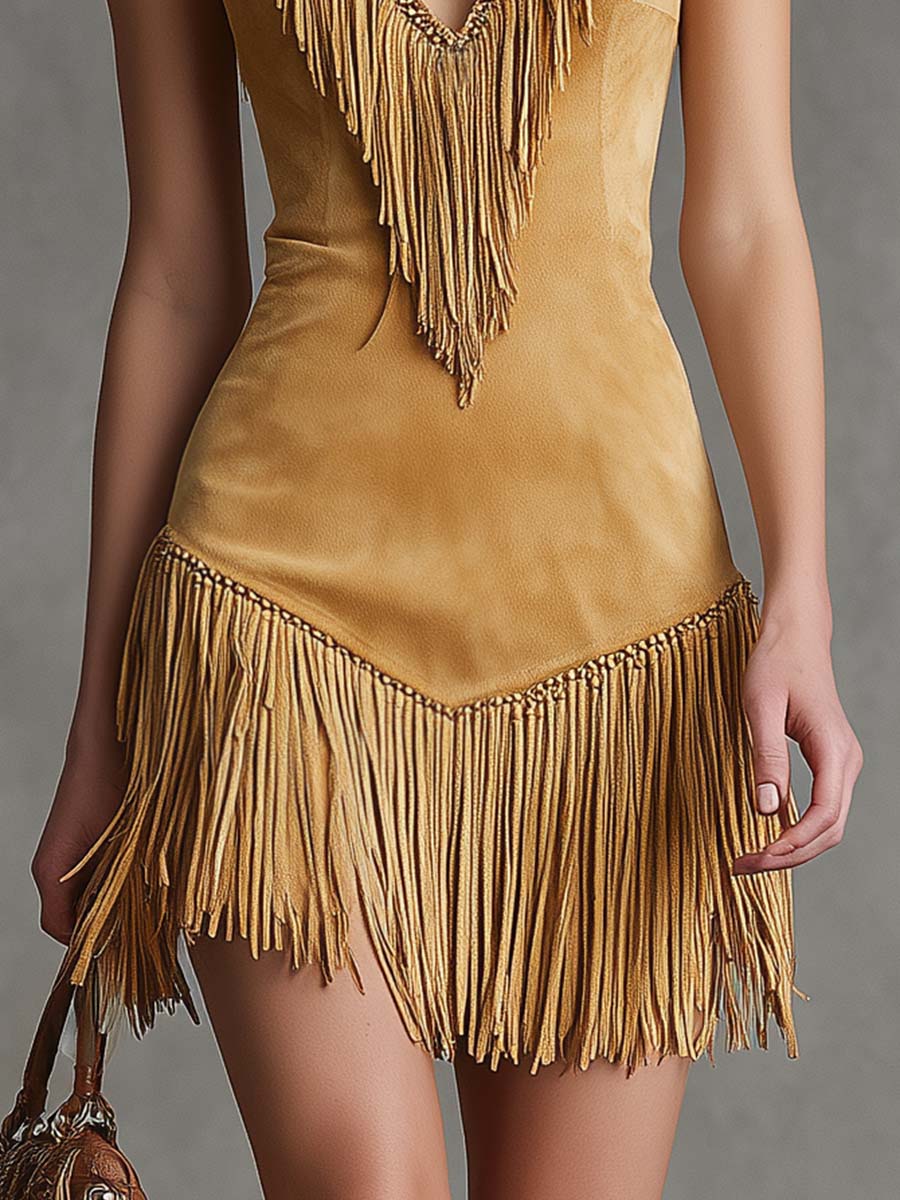 Urban Nomad V-Neck Fringed Beaded And Chained Faux Suede Mini Dress