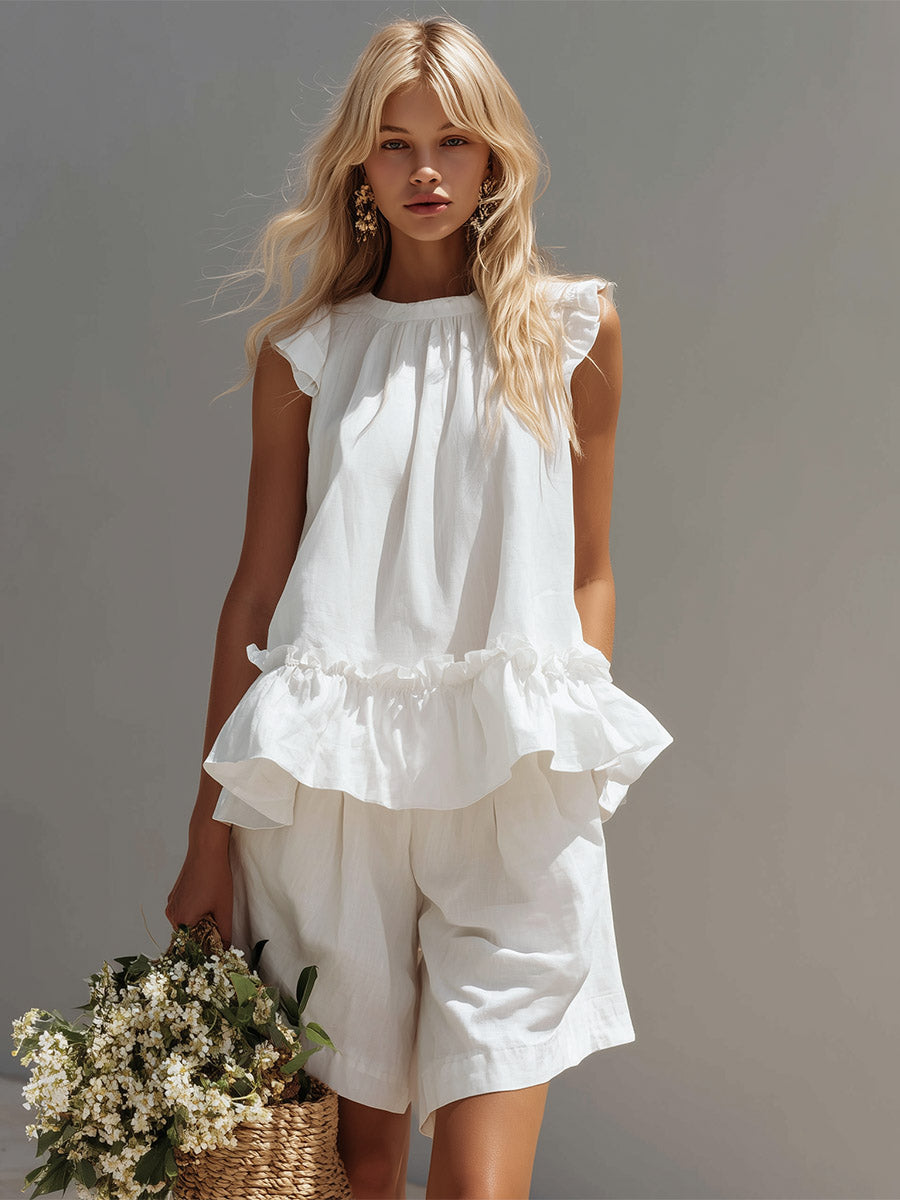 Retro Casual White Ruffled Vest &amp; Mid-Length Shorts Cotton Set