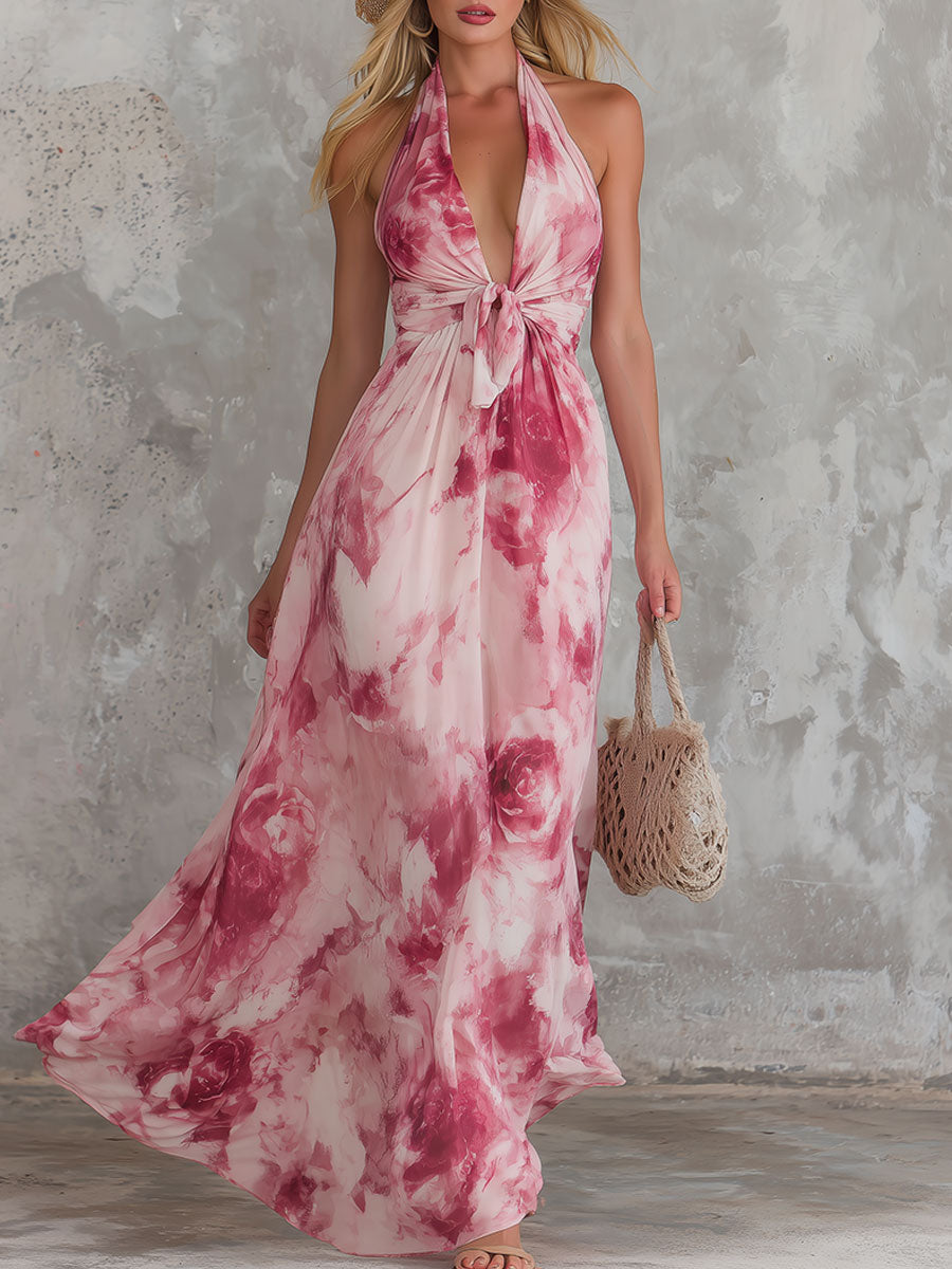 Elegant Retro Pink Rose Print V-neck Sleeveless Chiffon Maxi Dress