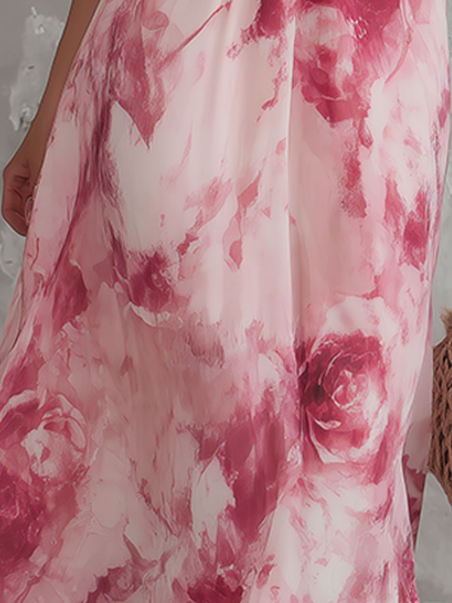 Elegant Retro Pink Rose Print V-neck Sleeveless Chiffon Maxi Dress