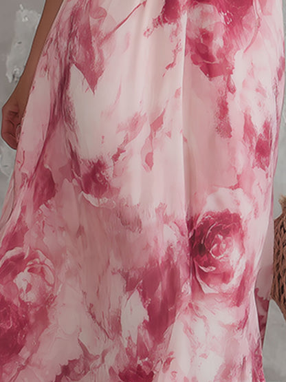 Elegant Retro Pink Rose Print V-neck Sleeveless Chiffon Maxi Dress