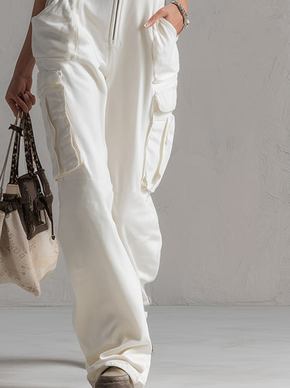 Chic &amp; Sporty White Cotton Multi-Pocket Halter Jumpsuit