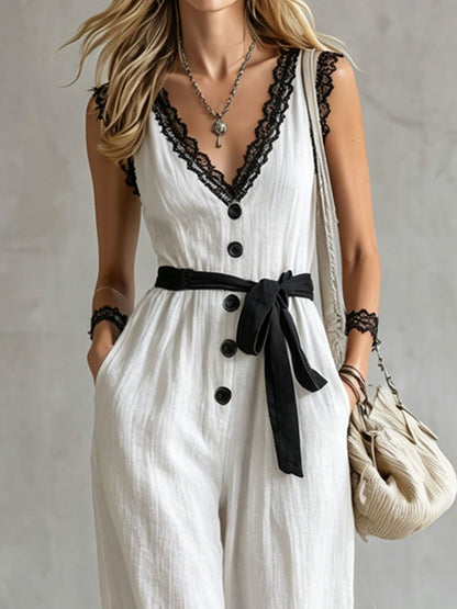 Color-blocked Lace-trimmed V-neck Tie-up Wide-leg Cotton-linen Jumpsuit