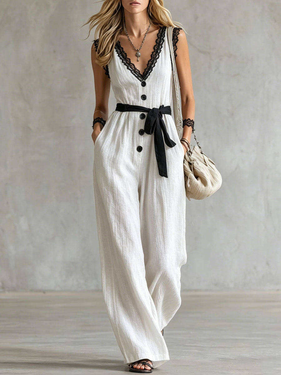 Color-blocked Lace-trimmed V-neck Tie-up Wide-leg Cotton-linen Jumpsuit