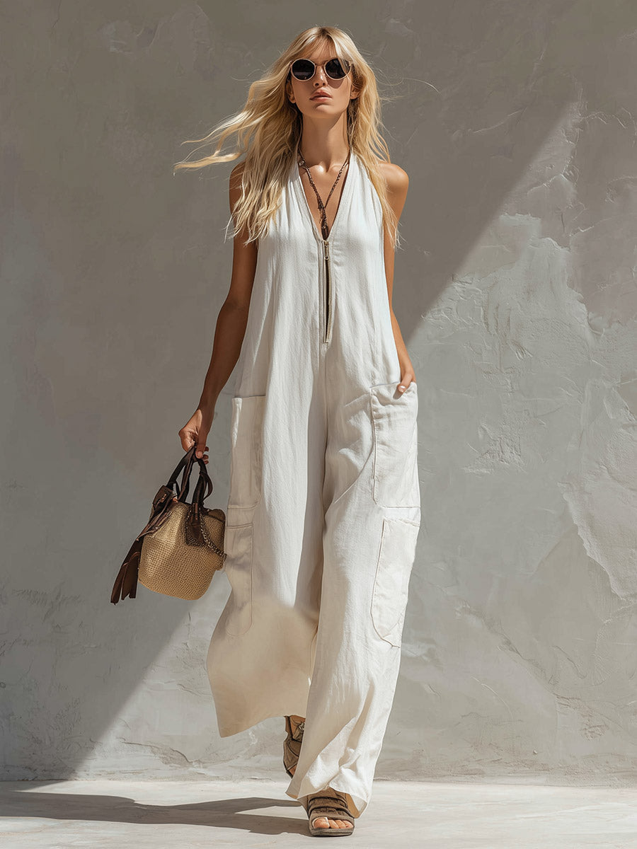 Casual &amp; Simple Off-White Cotton-Linen Sleeveless Multi-Pocket Jumpsuit