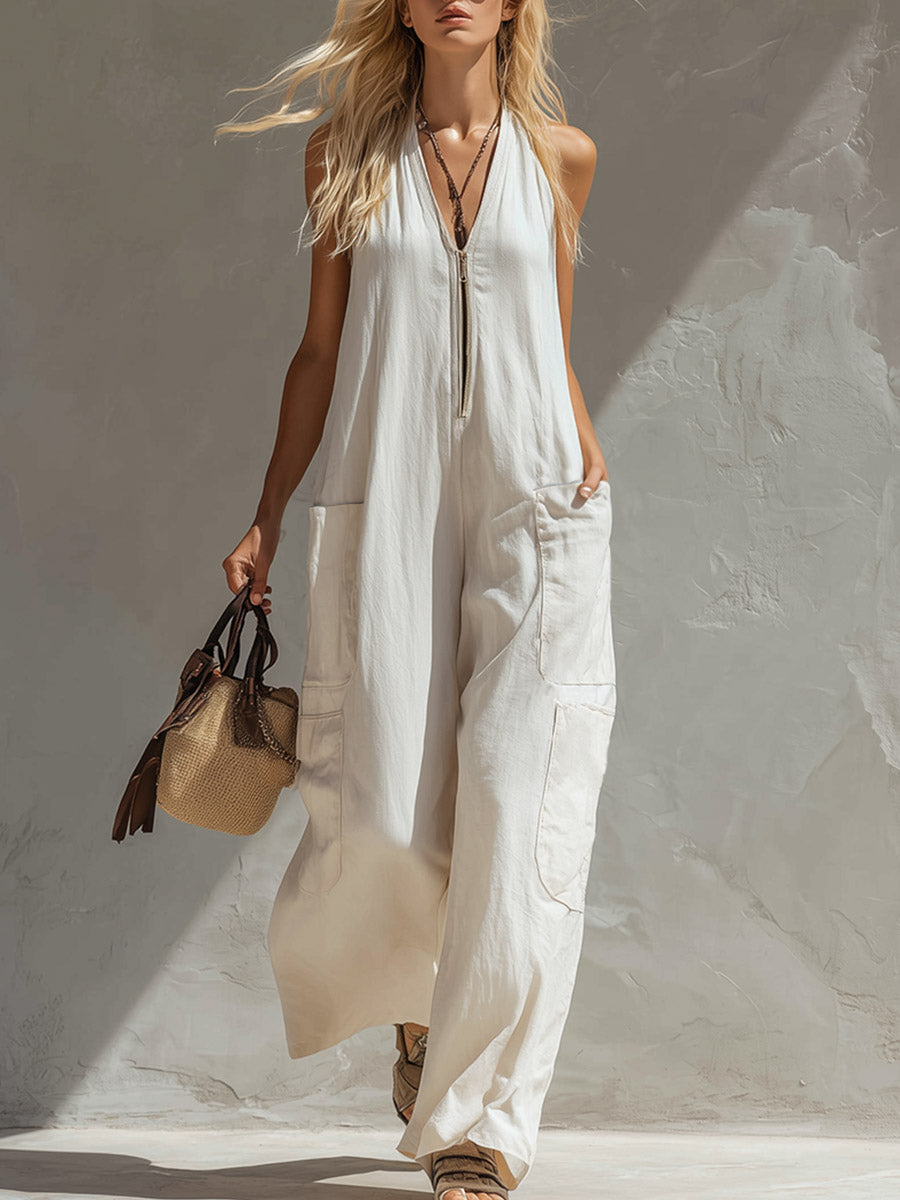 Casual &amp; Simple Off-White Cotton-Linen Sleeveless Multi-Pocket Jumpsuit