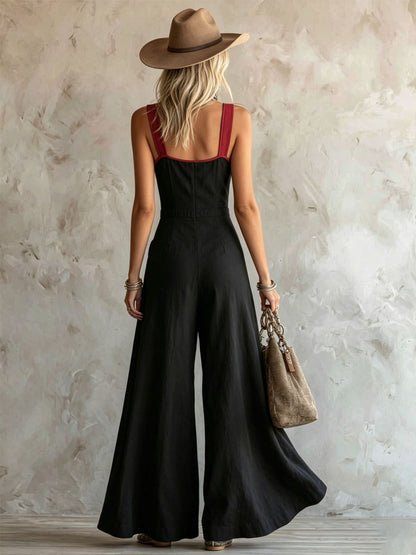 Wide-strap Color-blocked Zipper Sleeveless Cotton-linen Jumpsuit