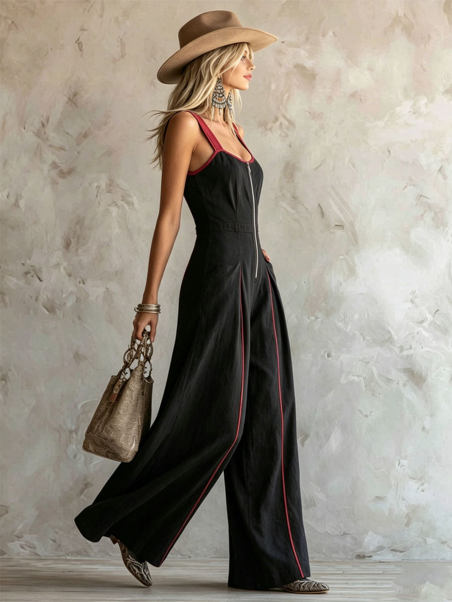 Wide-strap Color-blocked Zipper Sleeveless Cotton-linen Jumpsuit