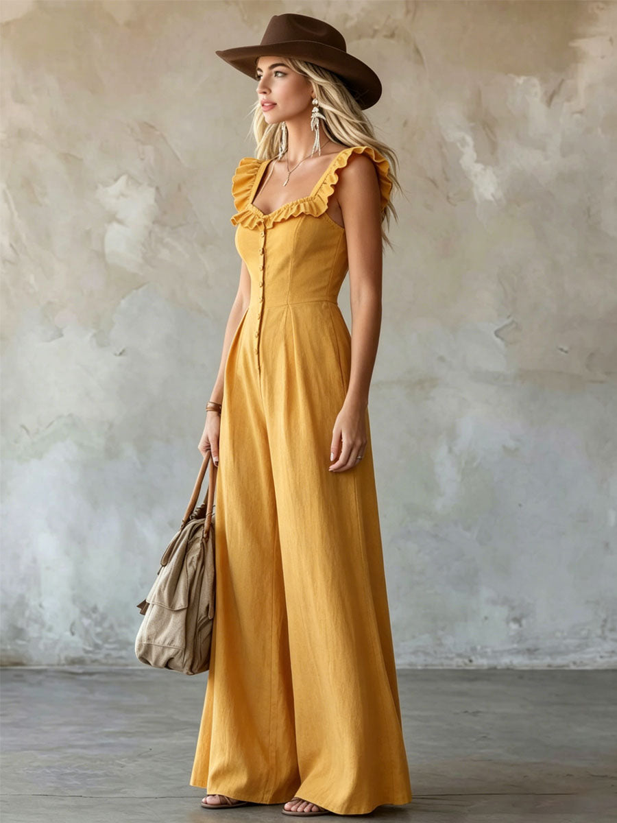 Ruffled Sleeveless Cotton-linen Jumpsuit