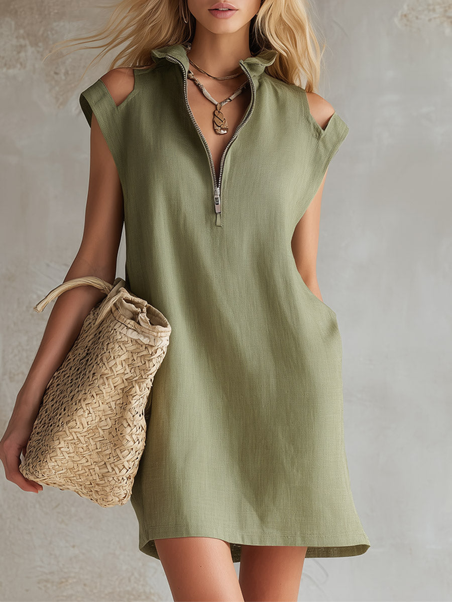 Elegant &amp; Simple Light Green Cotton-Linen Half-Zip Sleeveless Mini Dress