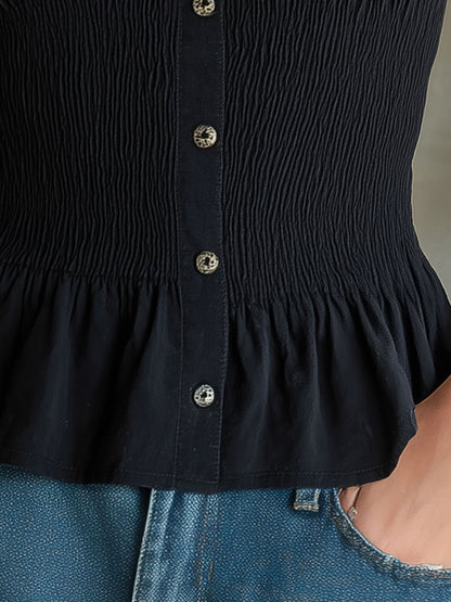 Fashionable Retro Lace Black Sleeveless Square Neck Button Cotton Linen Shirt