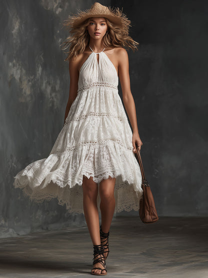 Elegant Retro White Lace Halter Neck Sleeveless A-line Mini Dress