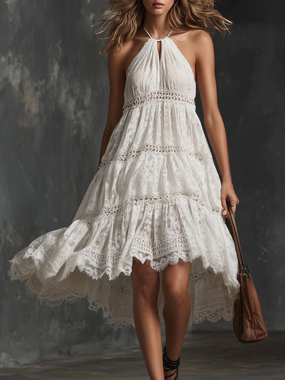 Elegant Retro White Lace Halter Neck Sleeveless A-line Mini Dress