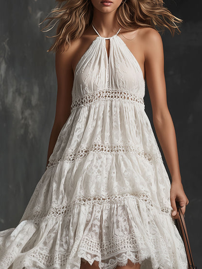 Elegant Retro White Lace Halter Neck Sleeveless A-line Mini Dress