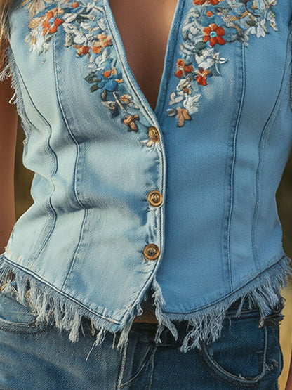 Western Retro Floral Embroidered Frayed Light Blue Denim Vest