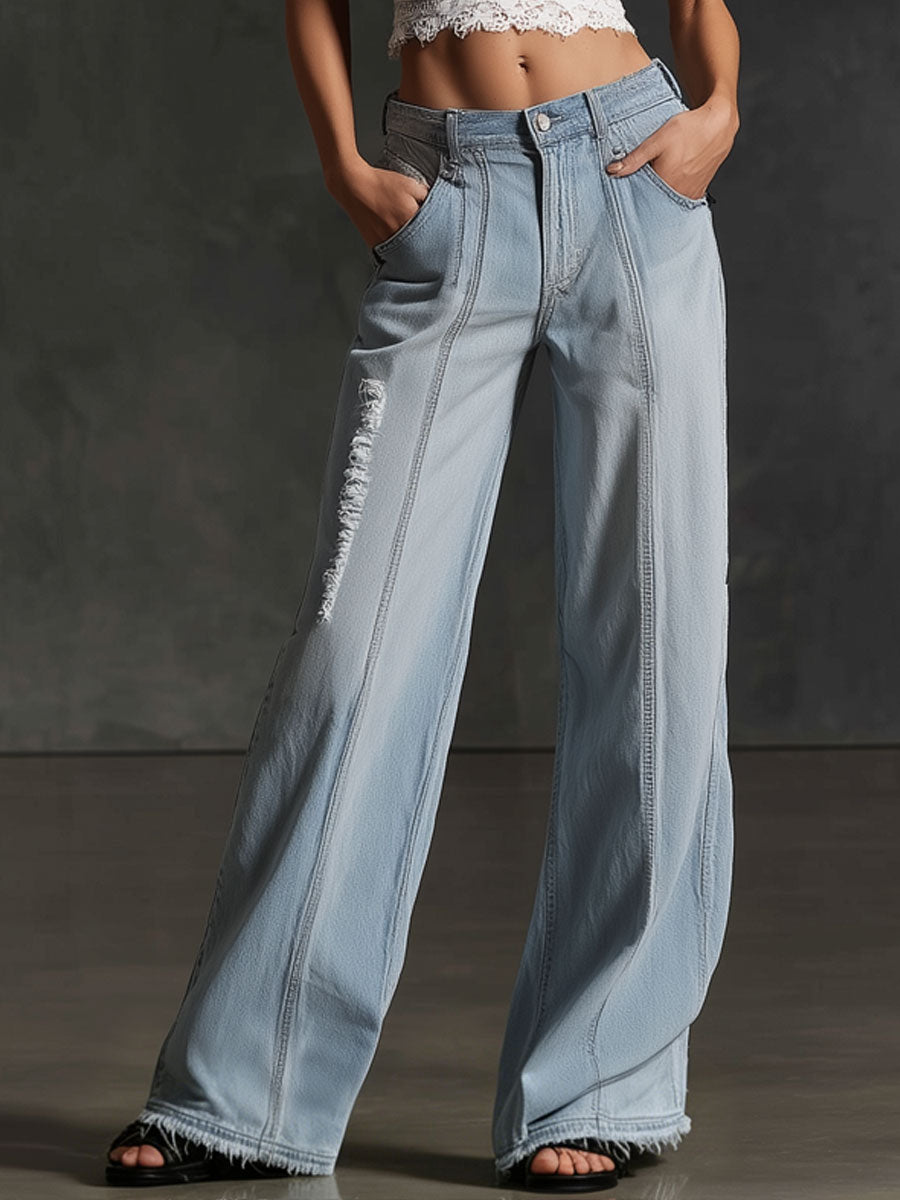 Casual Retro Ripped And Frayed Light Blue Jeans