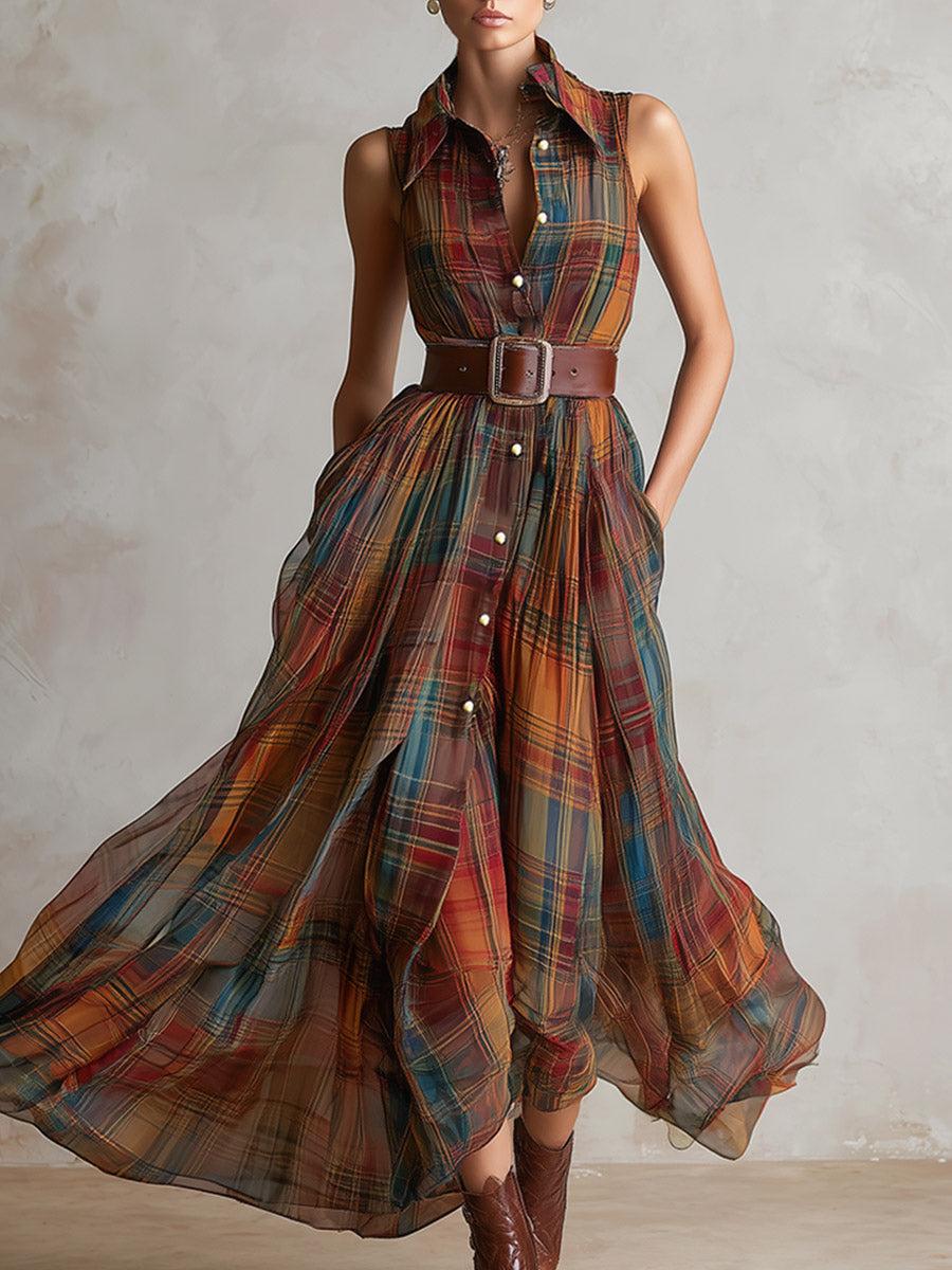 Vintage-Elegant Red-Brown Plaid Print Chiffon Sleeveless Maxi Dress