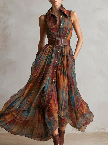Vintage-Elegant Red-Brown Plaid Print Chiffon Sleeveless Maxi Dress