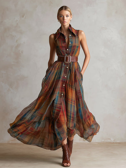 Vintage-Elegant Red-Brown Plaid Print Chiffon Sleeveless Maxi Dress