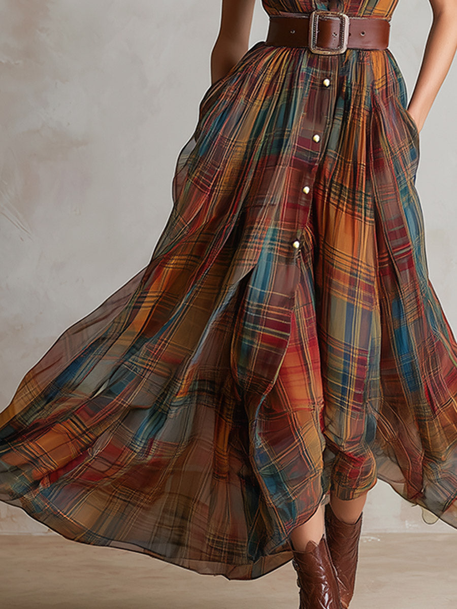 Vintage-Elegant Red-Brown Plaid Print Chiffon Sleeveless Maxi Dress