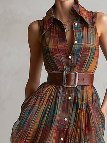 Vintage-Elegant Red-Brown Plaid Print Chiffon Sleeveless Maxi Dress