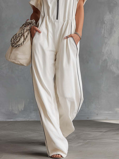 Casual Retro Athletic Hoodie V-Neck Front Zip White Cotton Jumpsuit