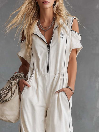 Casual Retro Athletic Hoodie V-Neck Front Zip White Cotton Jumpsuit