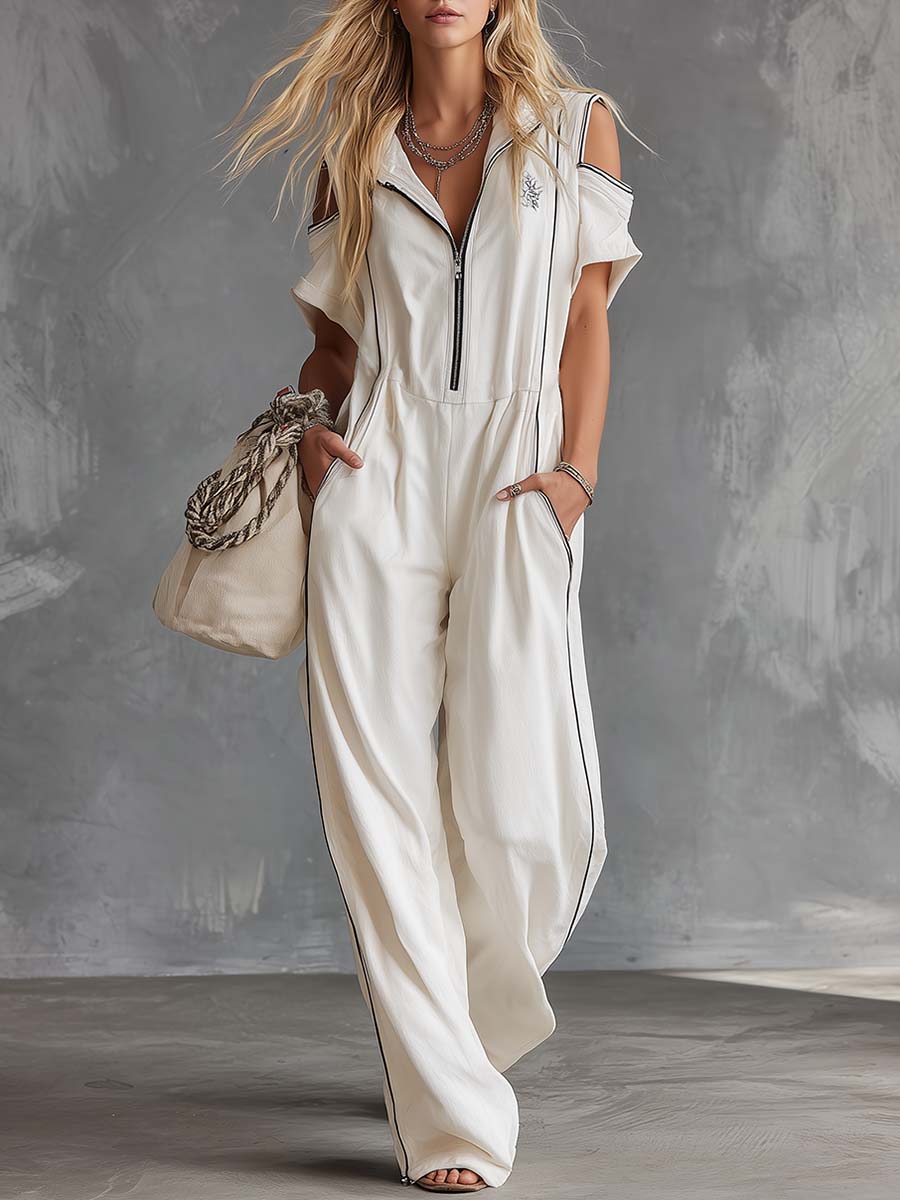 Casual Retro Athletic Hoodie V-Neck Front Zip White Cotton Jumpsuit