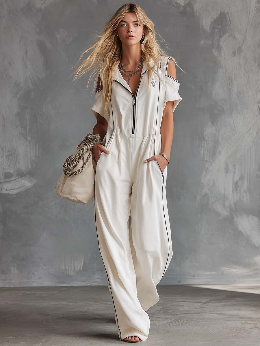 Casual Retro Athletic Hoodie V-Neck Front Zip White Cotton Jumpsuit