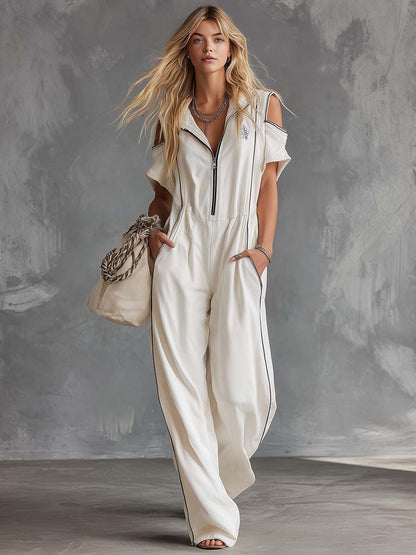 Casual Retro Athletic Hoodie V-Neck Front Zip White Cotton Jumpsuit