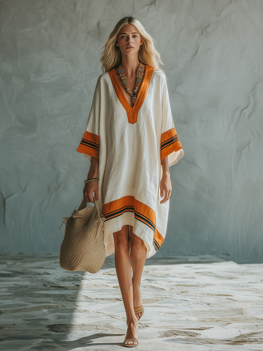 Elegant Silhouette Contrast-Trimmed Beige Cotton-Linen Short-Sleeve Midi Dress