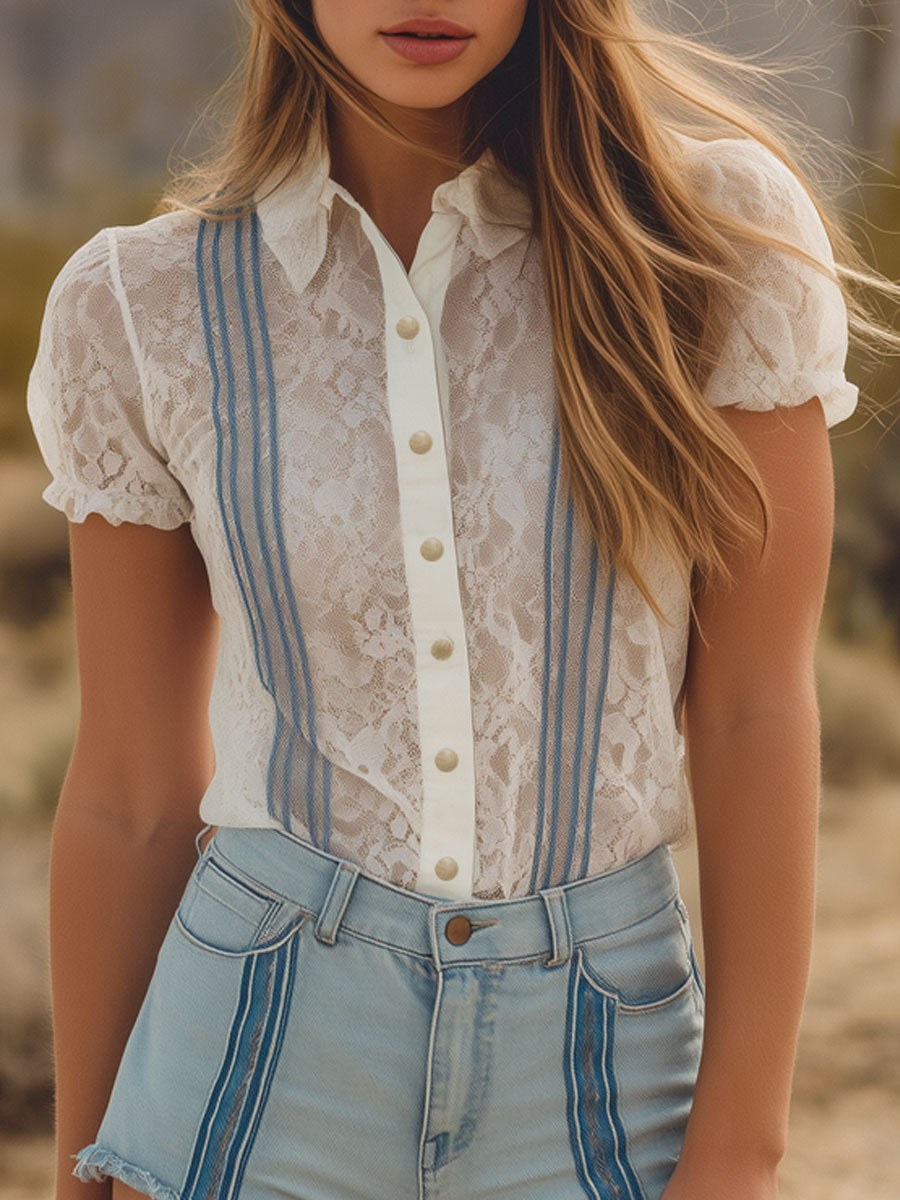 Western Bohemian Retro Striped Ribbon White Lace Short-Sleeve Shirt