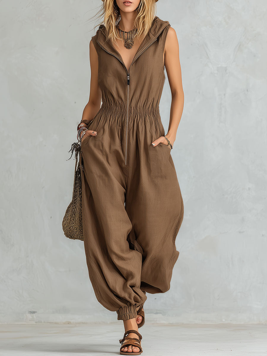 Hooded Zipper Cotton Linen Sleeveless Jumpsuit