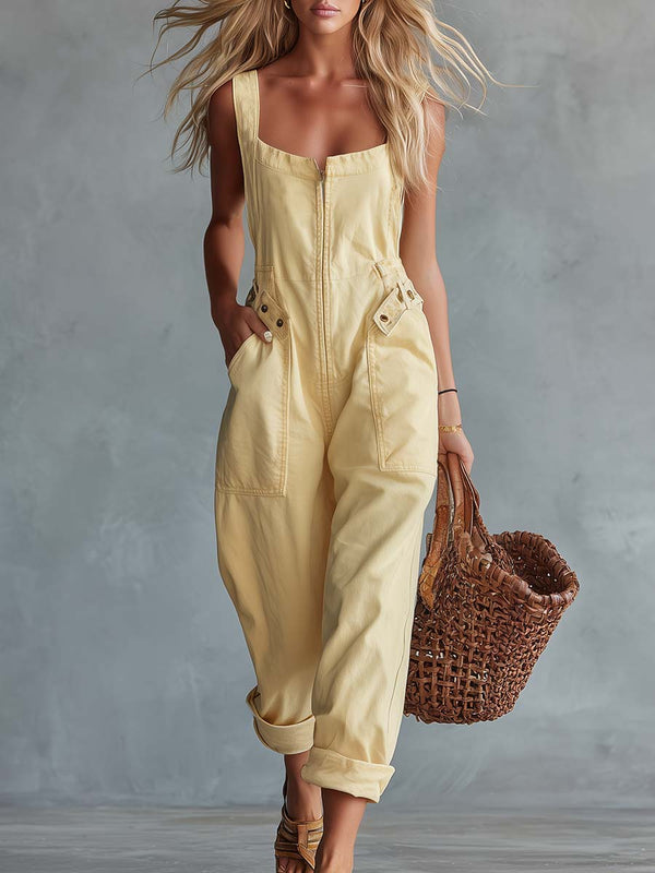 casual-retro-square-neck-front-zipper-light-yellow-denim-jumpsuit - Oyrosy