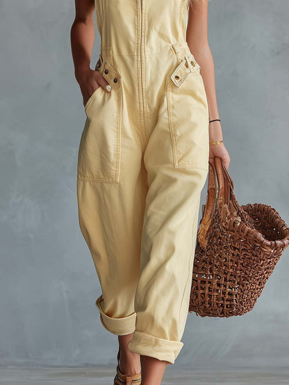 Casual Retro Square Neck Front Zipper Light Yellow Denim Jumpsuit