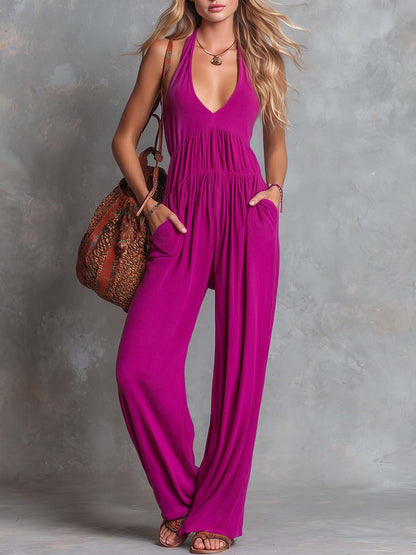 Casual Versatile V-Neck Rose Purple Knitted Jumpsuit