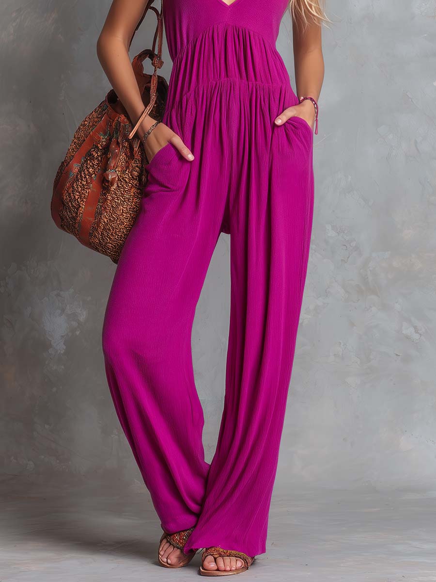 Casual Versatile V-Neck Rose Purple Knitted Jumpsuit
