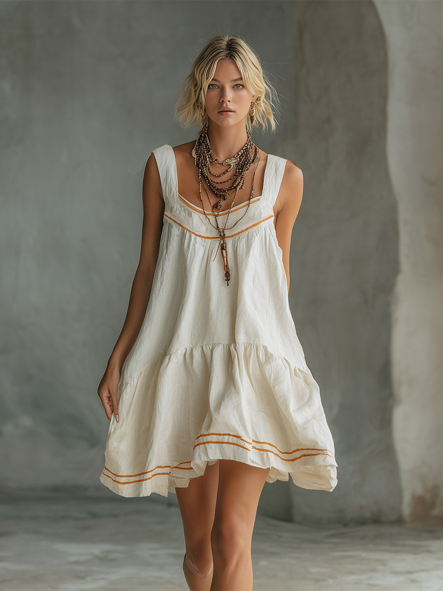 Retro Casual Piped Off-White Cotton-Linen Mini Dress