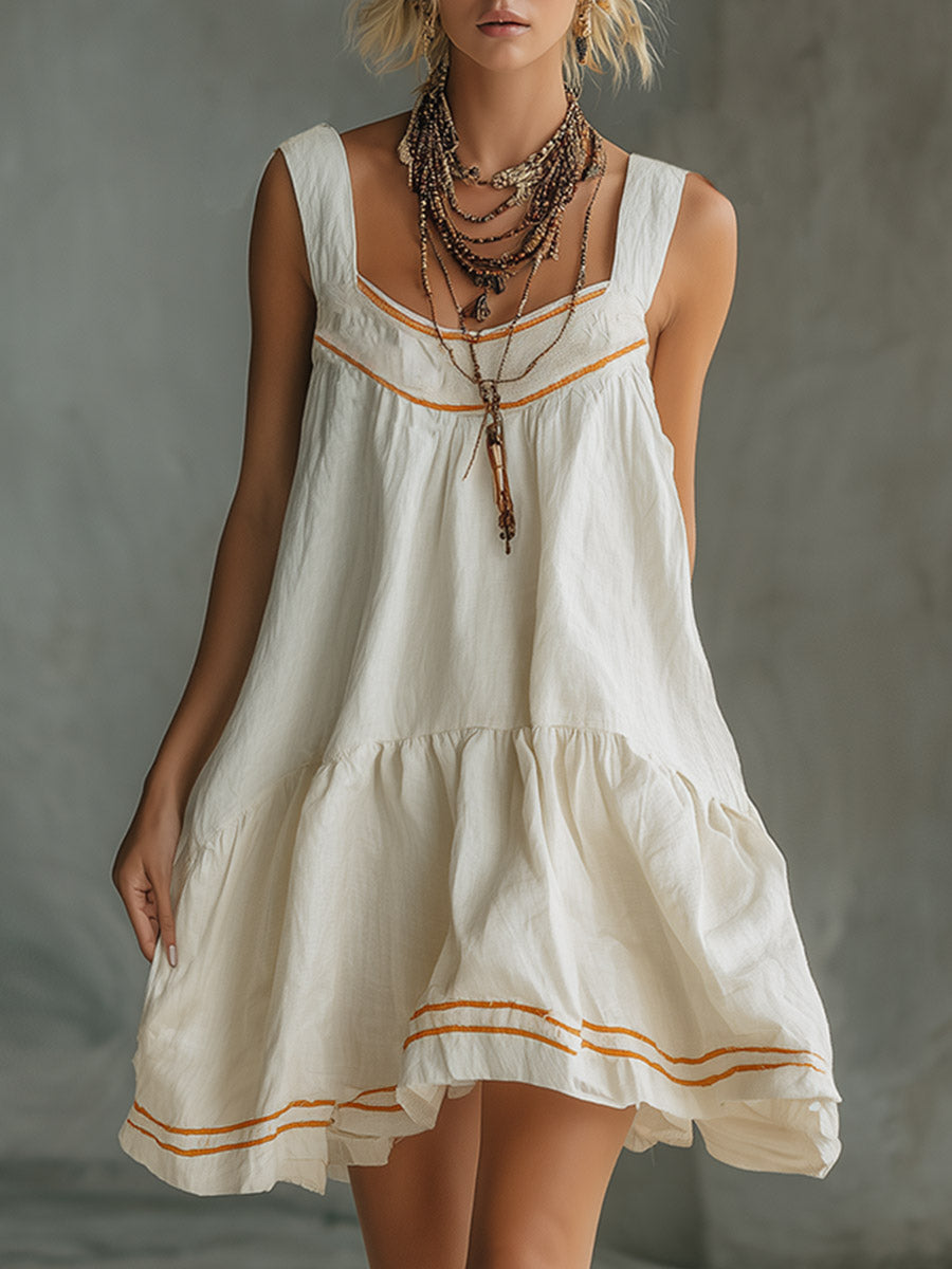 Retro Casual Piped Off-White Cotton-Linen Mini Dress