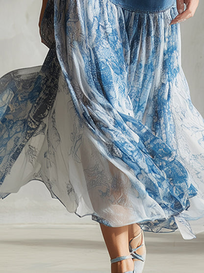 Retro Vacation Style Blue Denim Patchwork Print Chiffon Midi Skirt