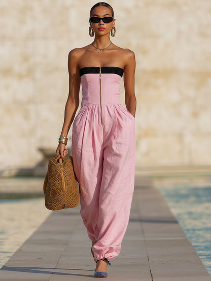 Fashionable Vacation Retro Pink Cotton Linen Ribbed Strapless Zip-up Jumpsuit
