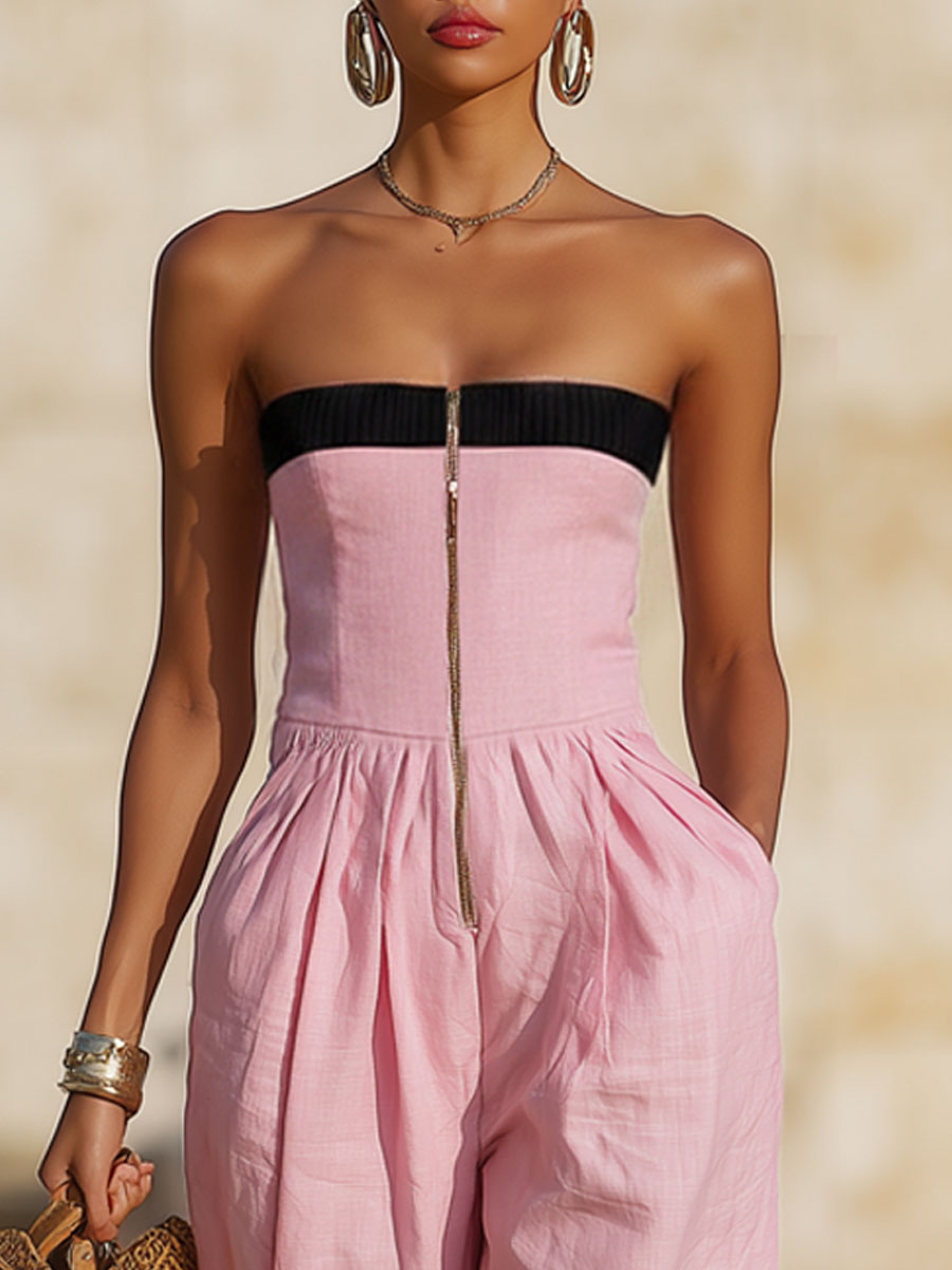 Fashionable Vacation Retro Pink Cotton Linen Ribbed Strapless Zip-up Jumpsuit